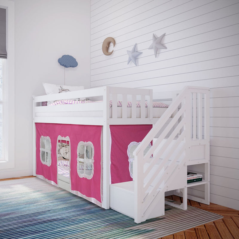White wooden loft bed with pink playhouse curtains, staircase storage, striped rug and star and moon wall decor in girls bedroom.