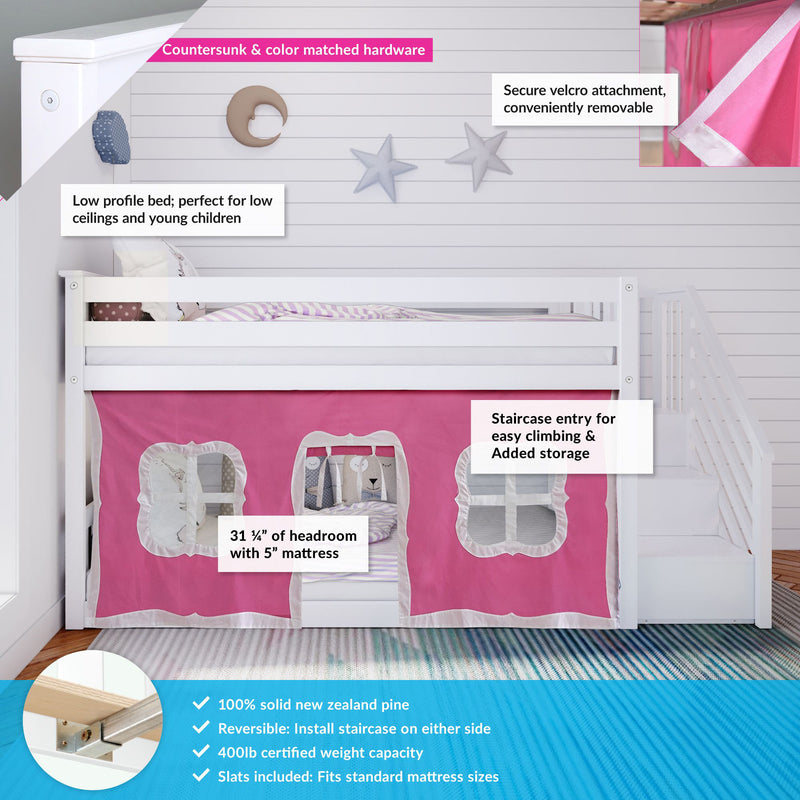 Low-profile white kids loft bed with pink play-tent curtain, staircase entry and safety rails, decorative wall stars, solid New Zealand pine, 400 lb capacity