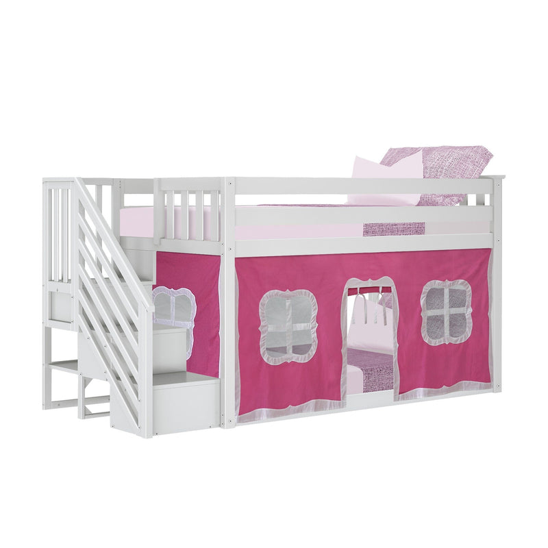 White wooden twin loft bed with staircase storage, pink bedding and playhouse curtains creating an under-bed playhouse for kids