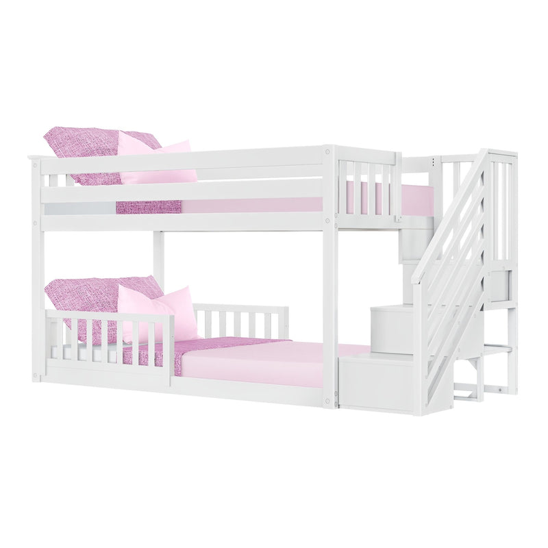 White wooden twin-over-twin bunk bed with built-in staircase, safety rails, and pink bedding for kids' bedroom