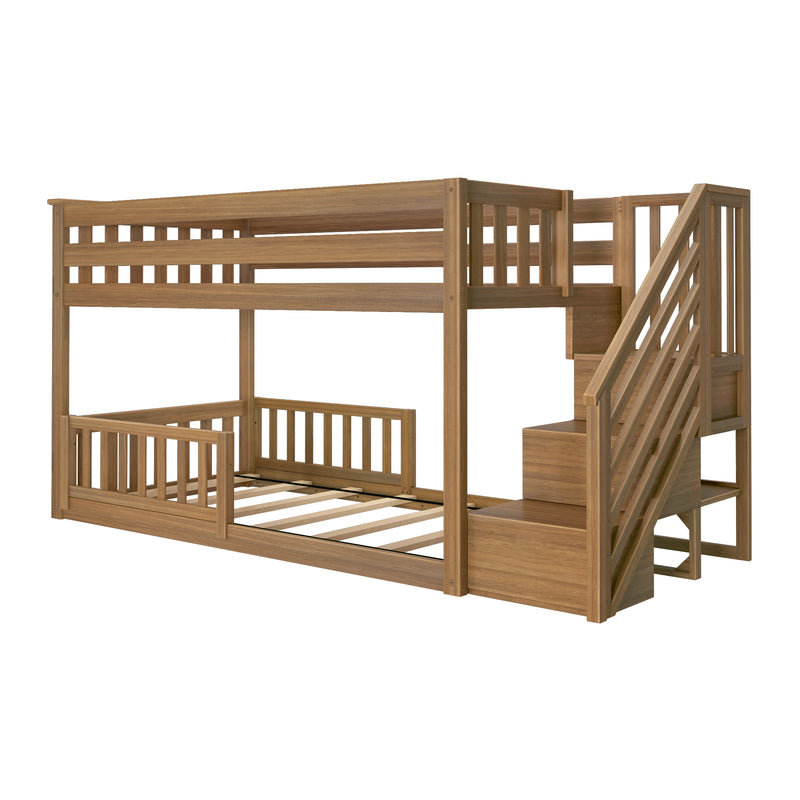 Solid oak wooden bunk bed with built-in staircase and guardrails, twin-over-full loft frame with slatted base, natural finish