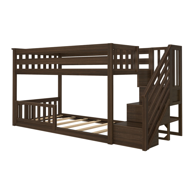 Dark brown wooden twin-over-full loft bunk bed with staircase, slatted platform and safety guardrails for kids bedroom