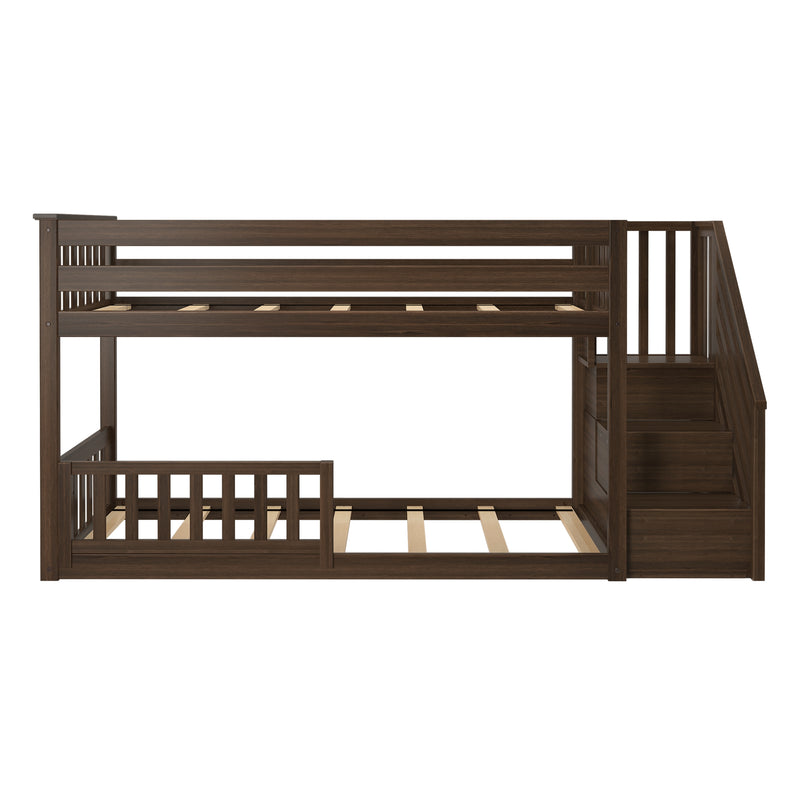 Dark brown wooden loft bunk bed with built-in staircase and storage drawers, slatted twin-size frame and safety guardrails for kids' bedroom