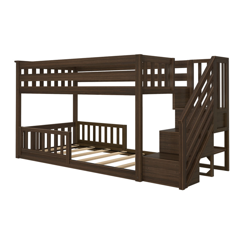 Dark walnut twin-over-full bunk bed with built-in staircase and storage drawers, slatted guardrails, solid wood frame