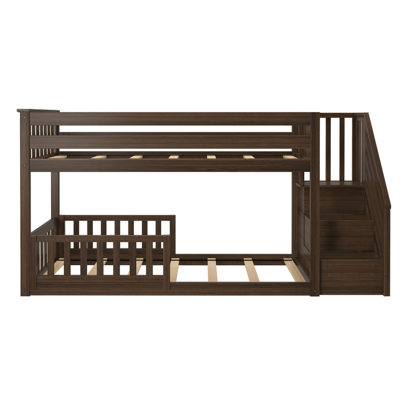 Dark walnut wooden bunk bed with guardrails, slatted mattress supports and built-in staircase with storage