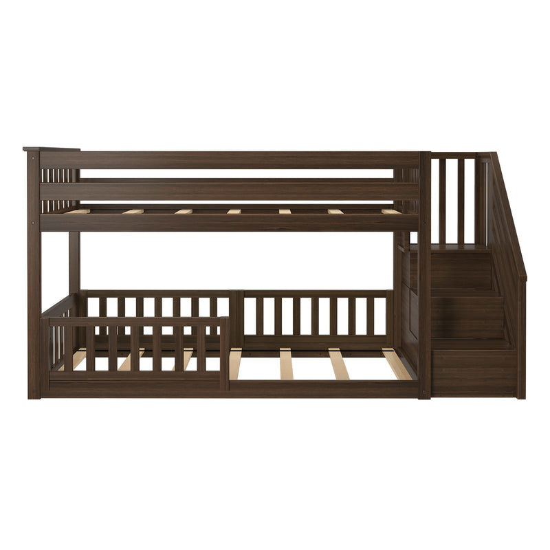 Dark walnut wood loft bunk bed with staircase storage, slatted guardrails and platform slats — space-saving kids' bedroom furniture