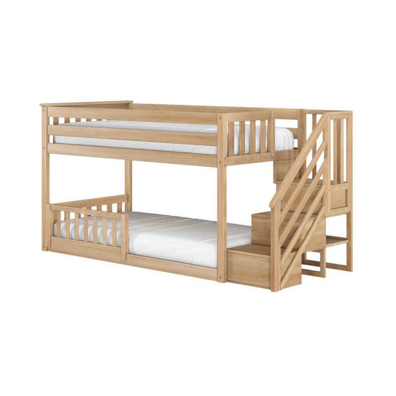 Kids natural wood twin-over-full bunk bed with stair storage, slatted guardrails and white mattresses