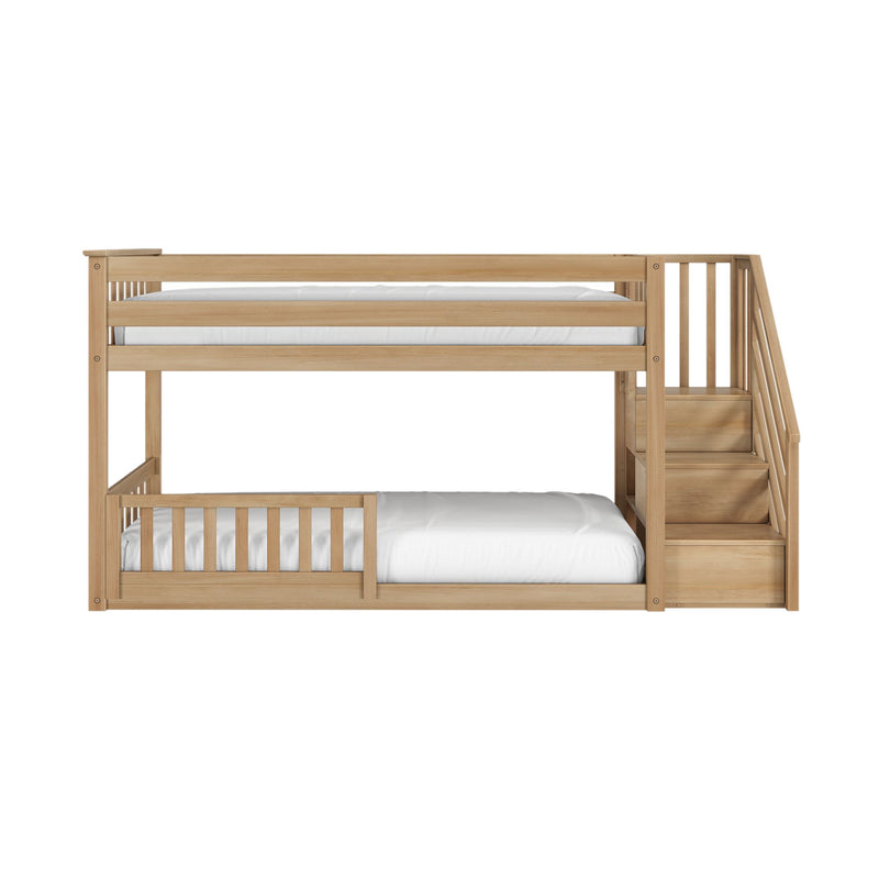 Solid oak wooden twin-over-full bunk bed with built-in staircase and storage drawers, white bedding, modern kids bedroom furniture