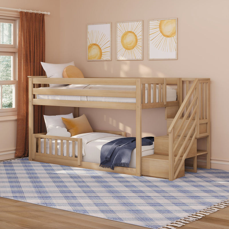 Twin Over Twin Low Bunk Bed With Stairs & Guardrails