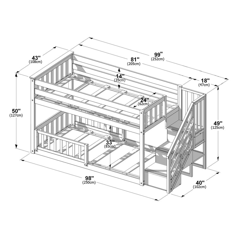Twin Over Twin Low Bunk Bed With Stairs & Guardrails
