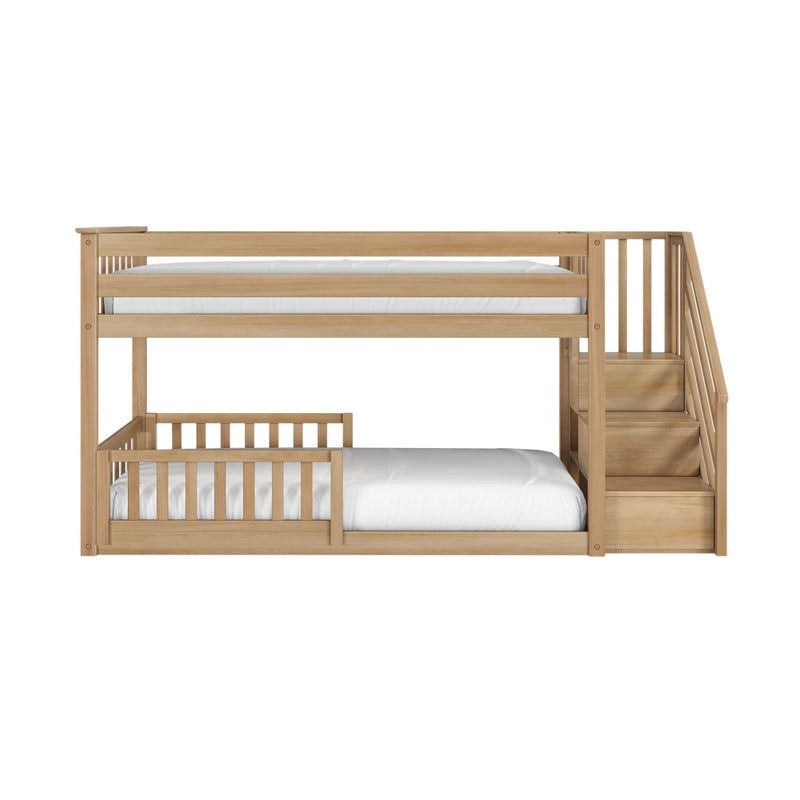 Twin Over Twin Low Bunk Bed With Stairs & Guardrails