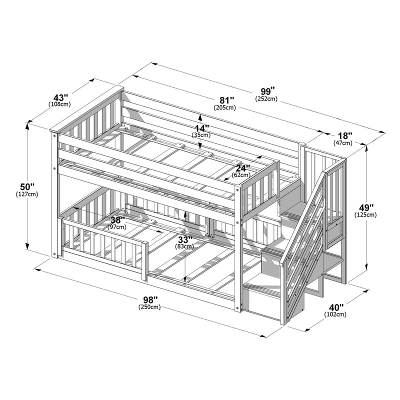 Technical line drawing of a wooden triple bunk bed with stairs and guardrails, annotated dimensions in inches and centimeters for assembly and space planning