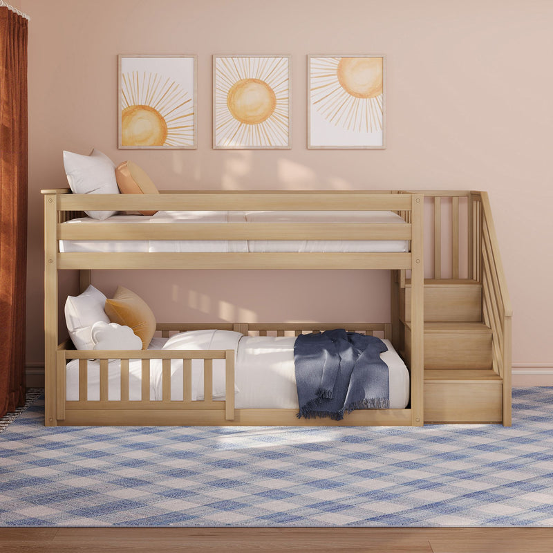 Twin Over Twin Low Bunk Bed With Stairs & Guardrails