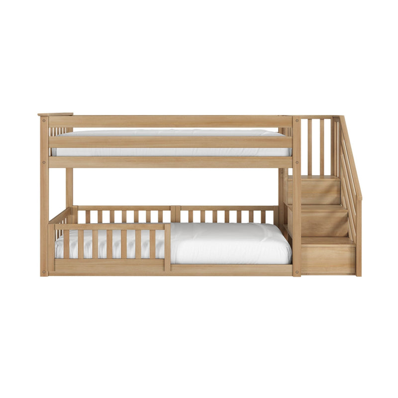 Solid wood bunk bed with built-in staircase and storage, slatted guardrails and white bedding in natural oak finish