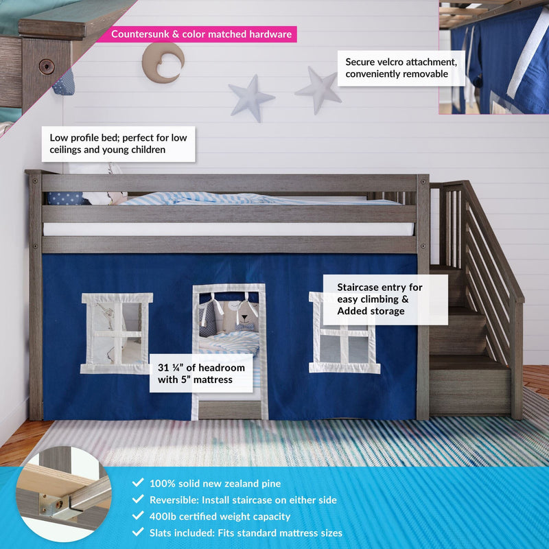 Twin over Twin Low Bunk Bed with Staircase and Curtains