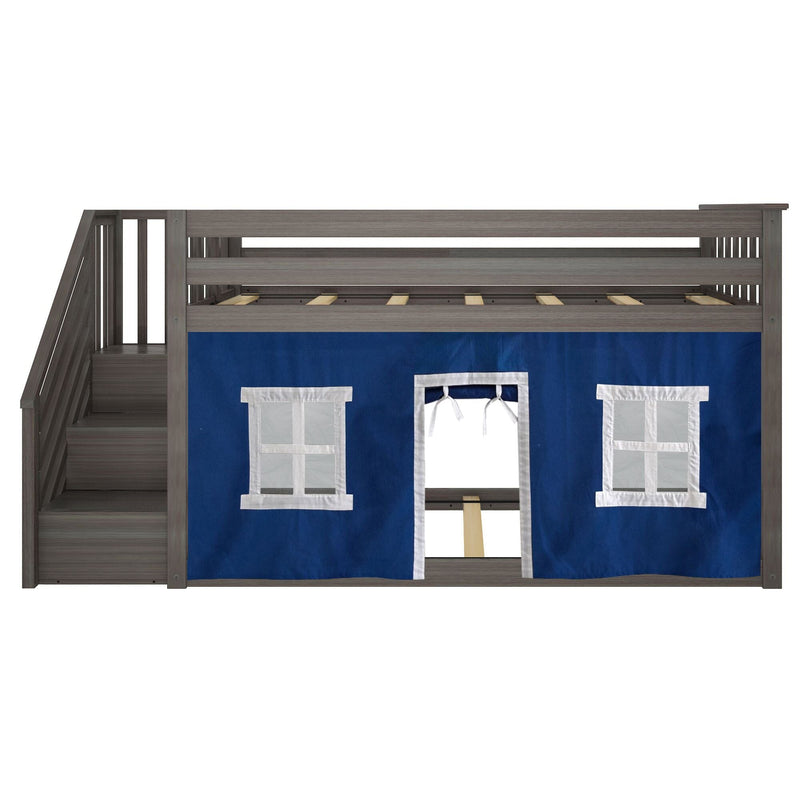 Twin over Twin Low Bunk Bed with Staircase and Curtains