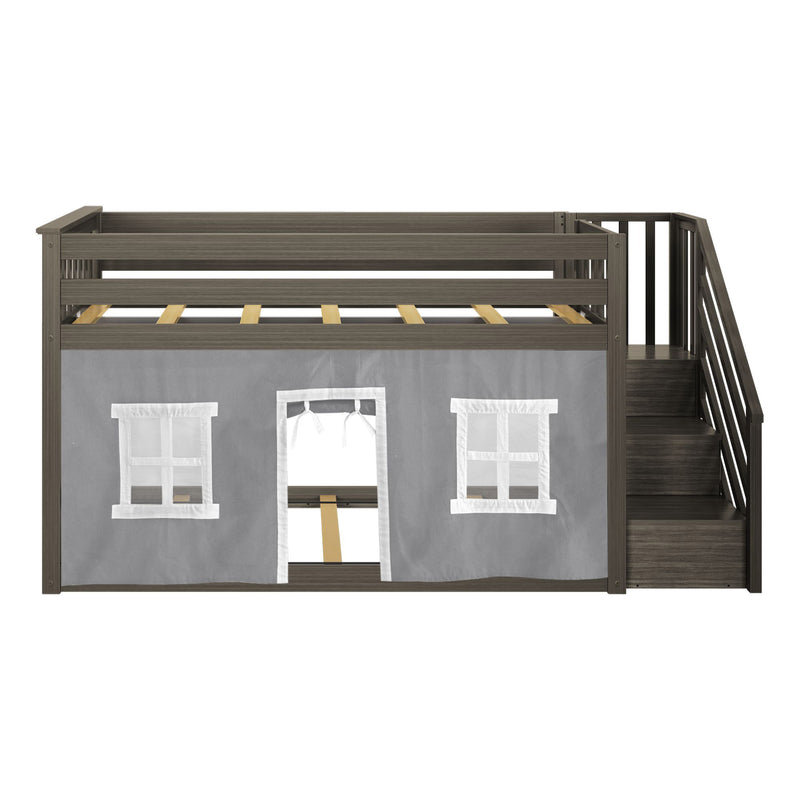 Twin over Twin Low Bunk Bed with Staircase and Curtains