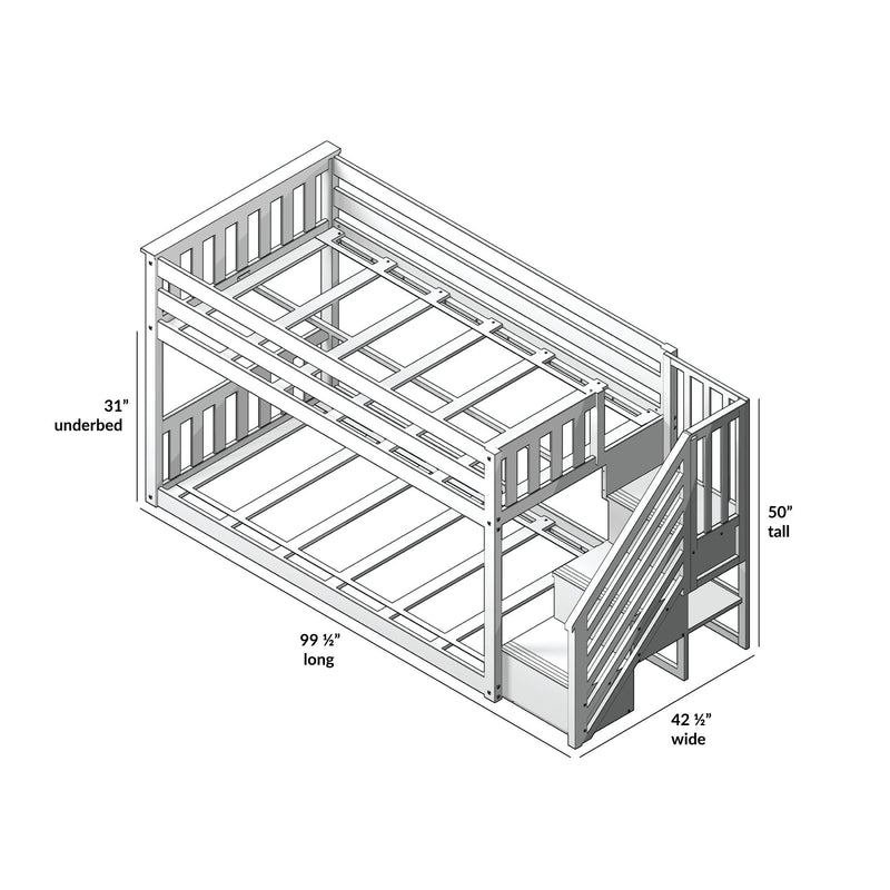 Wooden loft-style bunk bed frame assembly diagram with built-in staircase, guardrails and underbed storage, CAD line drawing showing dimensions 99½" long, 42½" wide, 50" tall and 31" underbed clearance