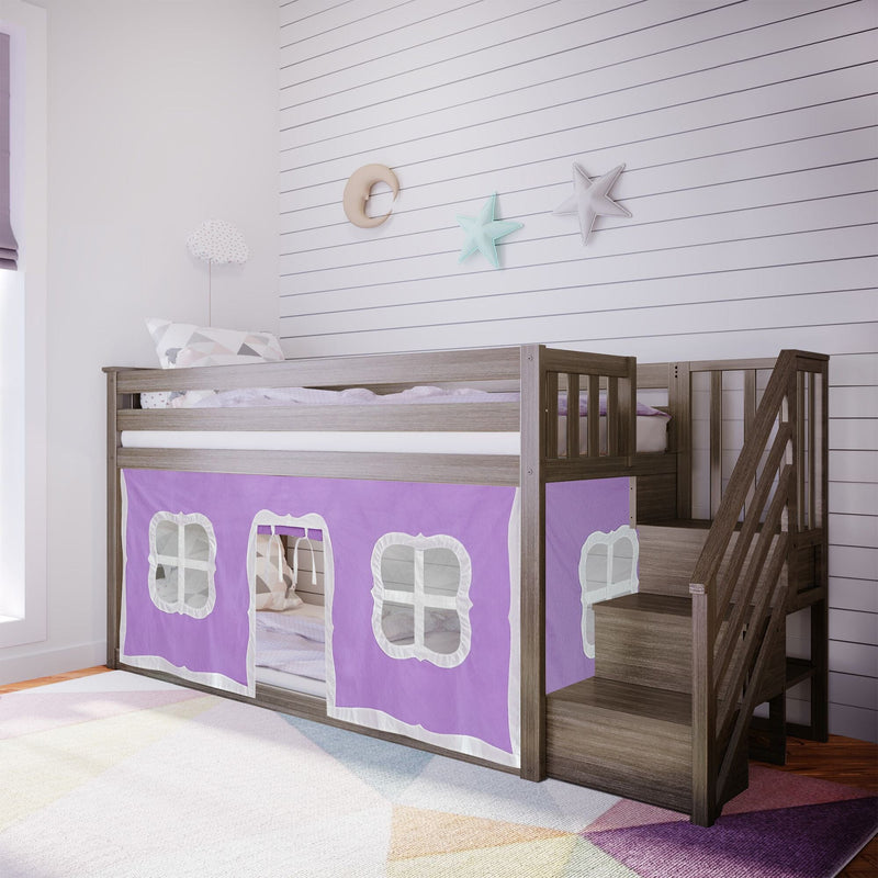 Wooden loft bunk bed with staircase and purple playhouse curtain in pastel kids bedroom with moon and star wall decor on white shiplap wall