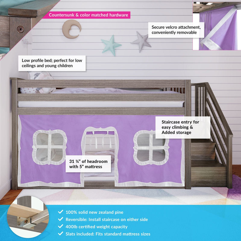 Low-profile solid New Zealand pine kids loft bed with staircase, purple play-tent curtain and under-bed storage, removable velcro canopy and countersunk color-matched hardware