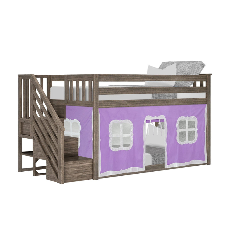 Twin over Twin Low Bunk Bed with Staircase and Curtains