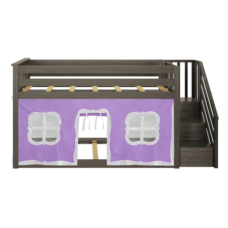 Twin over Twin Low Bunk Bed with Staircase and Curtains