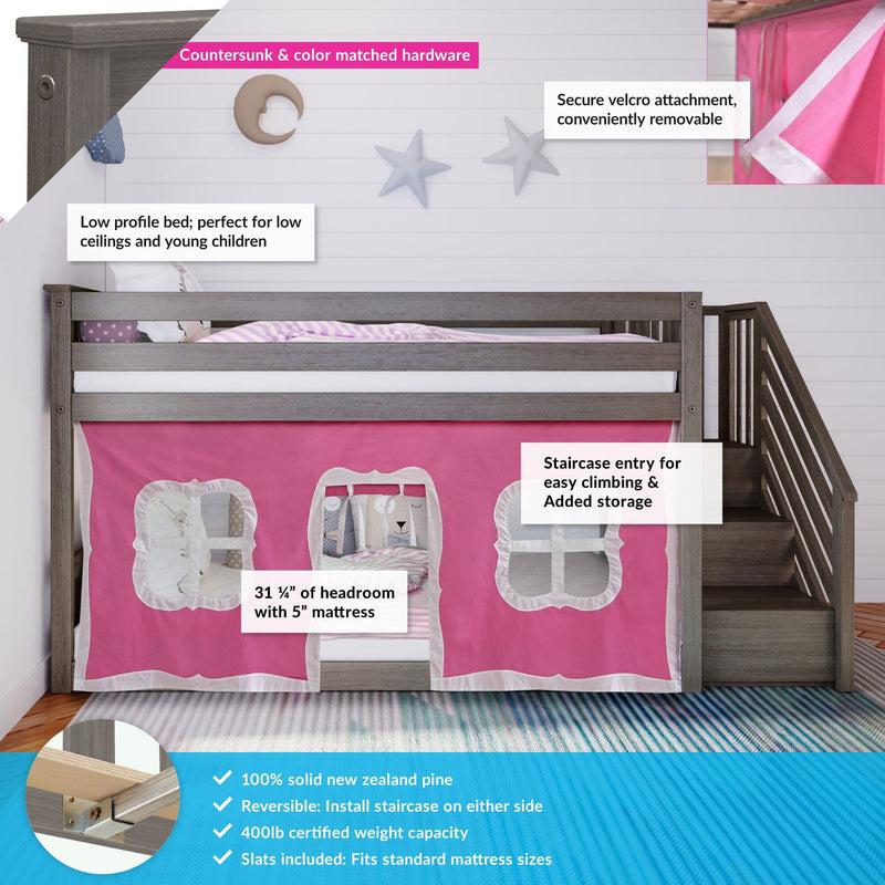 Low-profile gray wooden kids loft bed with staircase, pink playhouse curtain and under-bed play area with storage, twin loft bed for children