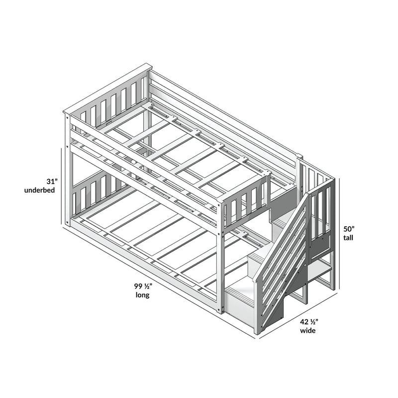 Isometric assembly diagram of a wooden loft bunk bed frame with guardrails and built-in staircase storage, 99½" long × 42½" wide × 50" tall with 31" underbed clearance