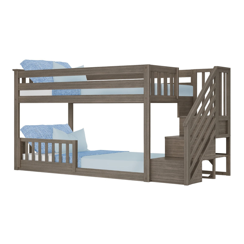 Gray-brown wooden bunk bed with built-in staircase and guardrails, light blue bedding on both levels