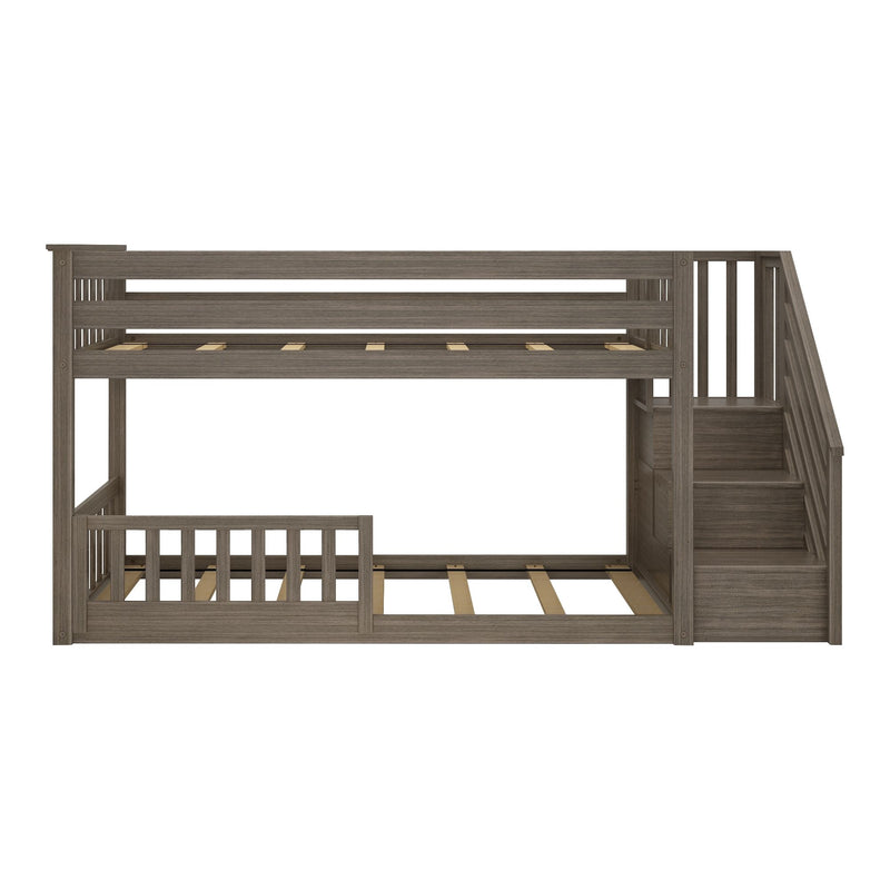 Twin-over-full wooden bunk bed with staircase storage, gray-wash finish, slatted guardrails and wooden slat mattress support