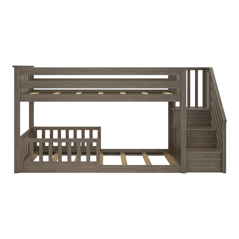 Twin Over Twin Low Bunk Bed With Stairs & Guardrails