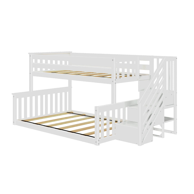 White wooden twin-over-full bunk bed with built-in staircase and storage drawers, slatted mattress bases, space-saving kids room furniture
