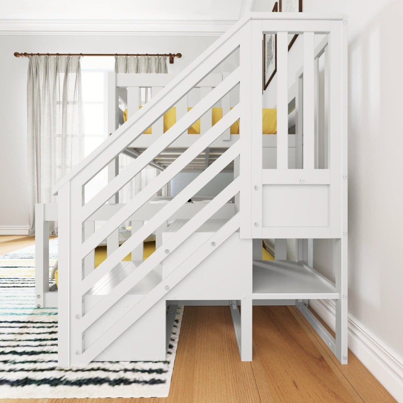White wooden bunk bed with built-in staircase and yellow bedding in a bright kids' bedroom with sheer curtains and hardwood floor