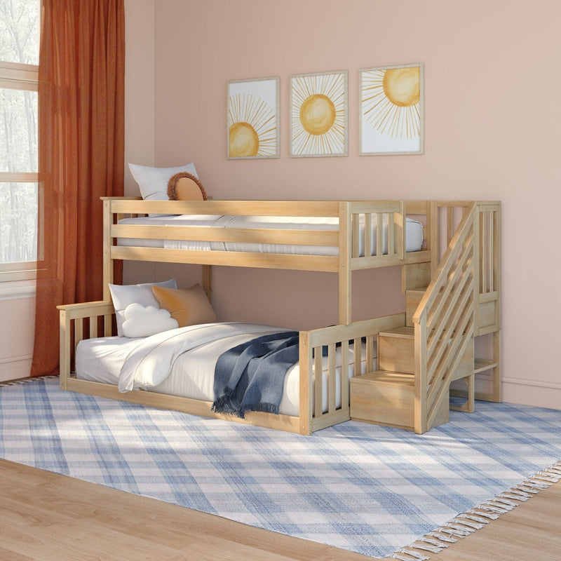 Wooden bunk bed with built-in staircase in cozy pink children's bedroom, sun-themed framed wall art, rust orange curtains, white and blue bedding and plaid rug