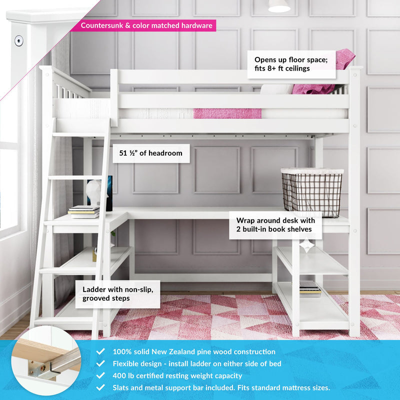 White solid pine loft bed with wrap-around desk, ladder with non-slip grooved steps and built-in bookshelves, fits 8+ ft ceilings