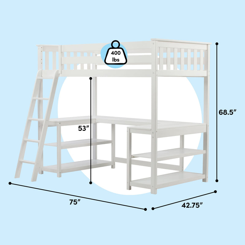 White wooden twin loft bed with ladder, built-in desk and shelves, 400 lb weight capacity, dimensions 75 in × 42.75 in × 68.5 in — space‑saving kids/teen bedroom solution
