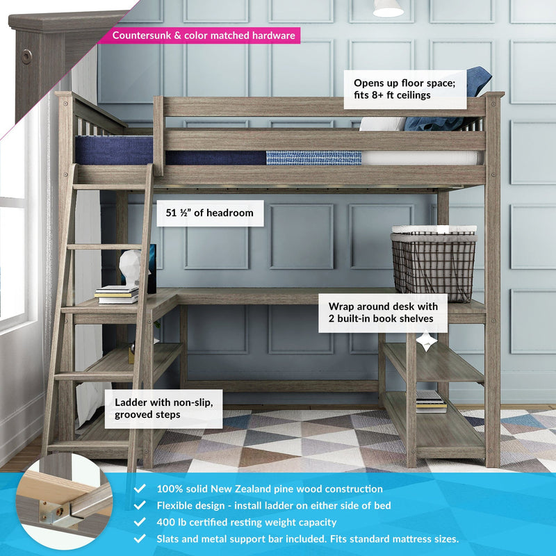 Grey-washed solid New Zealand pine loft bed with integrated wrap-around desk and bookshelves, ladder with non-slip grooved steps, countersunk color-matched hardware, fits 8+ ft ceilings, 400 lb capacity, space-saving kids bedroom furniture
