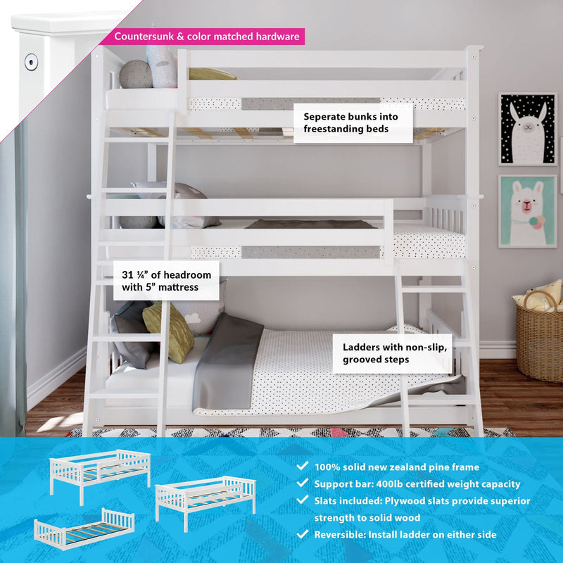 White convertible loft bunk bed for kids with ladders — separates into freestanding beds, solid pine frame, slatted mattress support, nursery décor