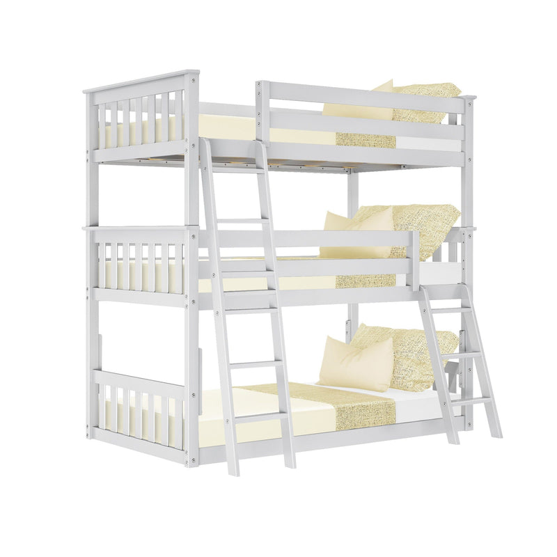 White wooden triple bunk bed with built-in ladder, beige pillows and woven throws on white background — modern kids' bedroom furniture