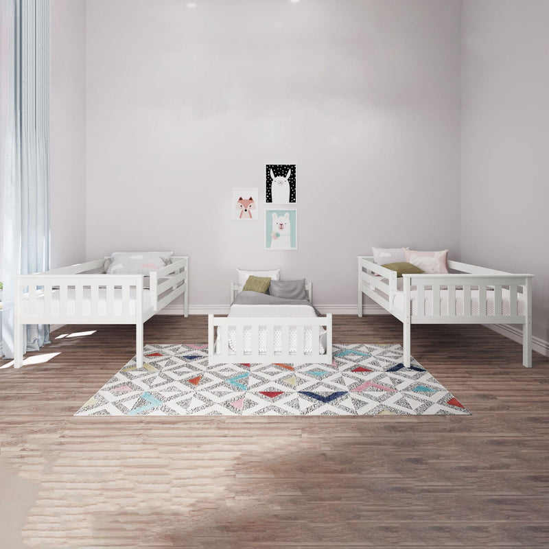 Minimalist pastel kids bedroom with three white wooden toddler beds, geometric area rug and playful animal wall art