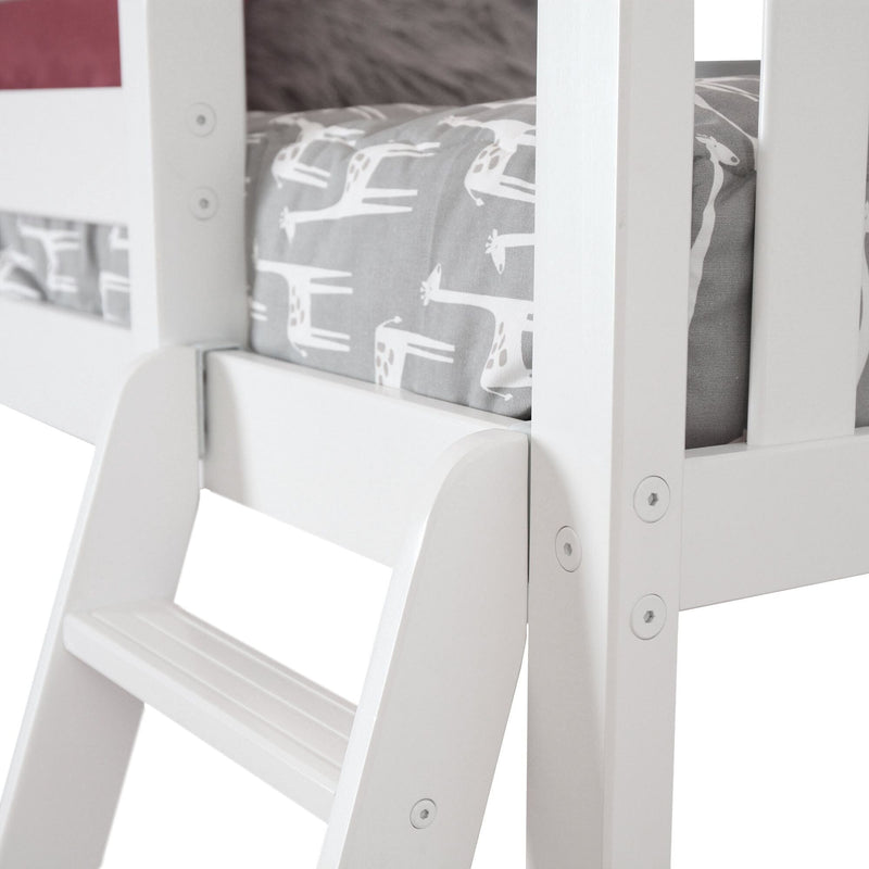 Close-up of white wooden bunk bed ladder and guardrail with grey giraffe-print kids' mattress cover