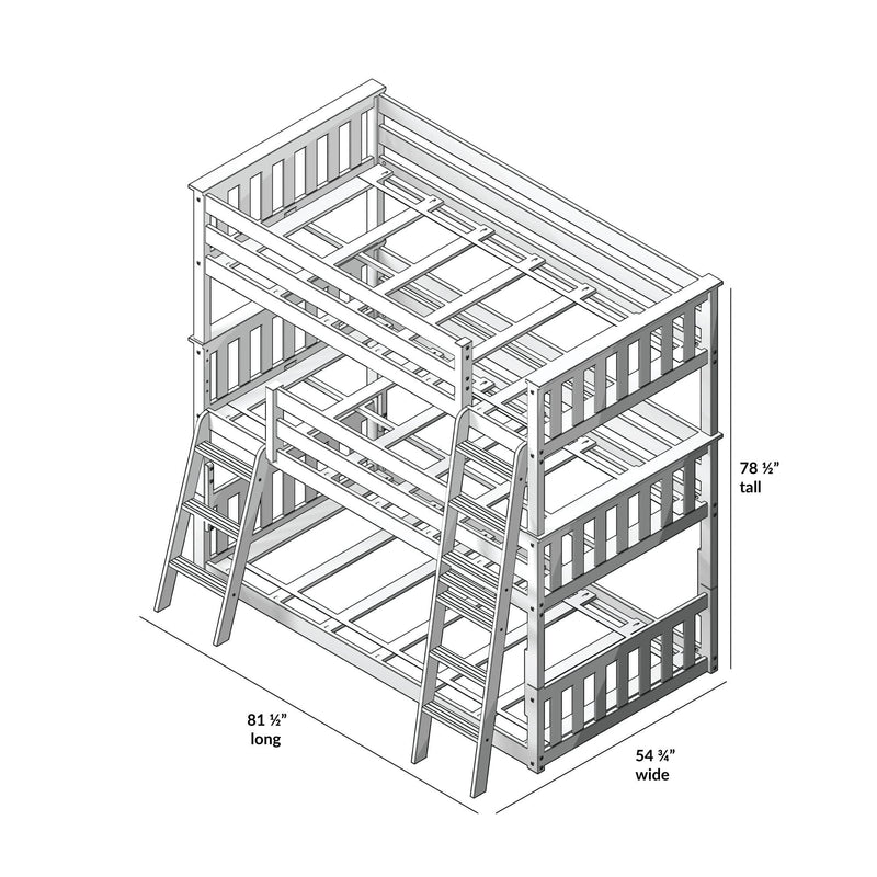 Assembly diagram of a wooden kids' triple bunk bed frame with ladders, guardrails and mattress slats, 81.5" long × 54.75" wide × 78.5" tall