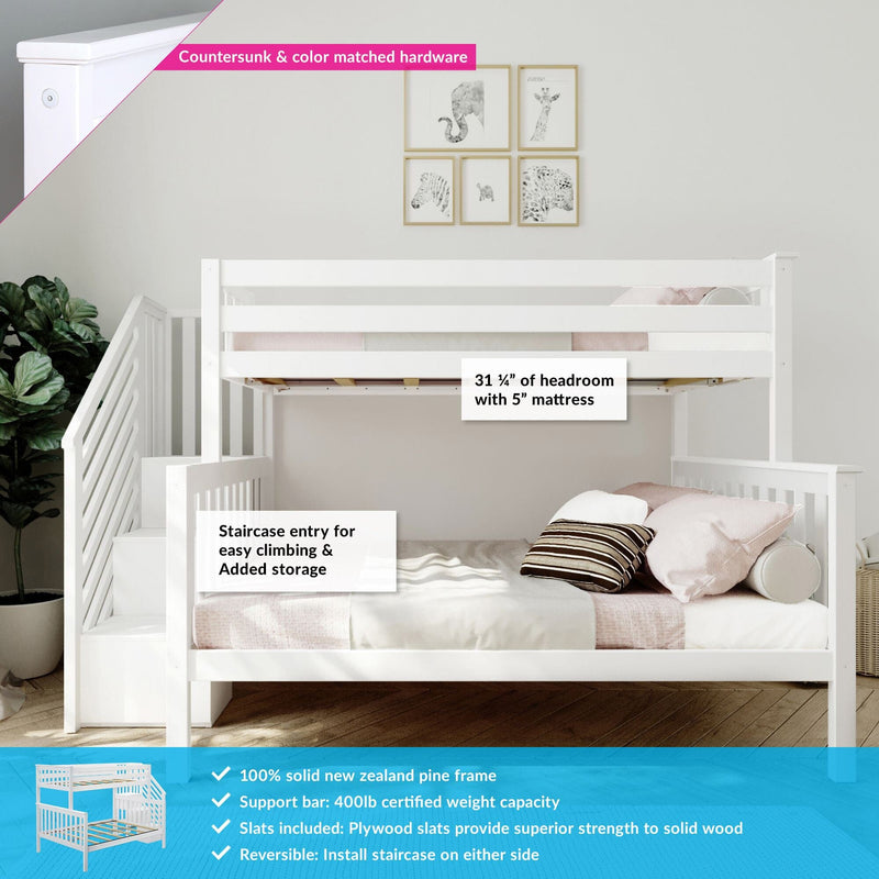 Modern white solid-wood children's loft bunk bed with staircase and built-in storage, slatted guardrails, decorative pillows and framed animal wall art