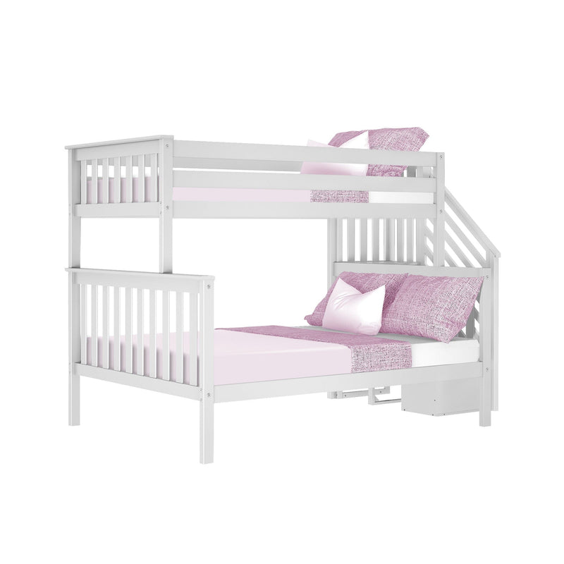 White wooden twin-over-full bunk bed with built-in staircase, safety guardrails and pink bedding for kids' bedroom