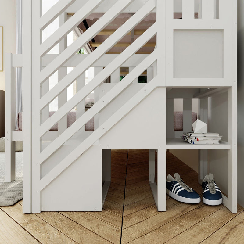 White wooden loft bunk bed with diagonal slatted railing, under-bed shelving with stacked magazines and navy sneakers on herringbone hardwood floor