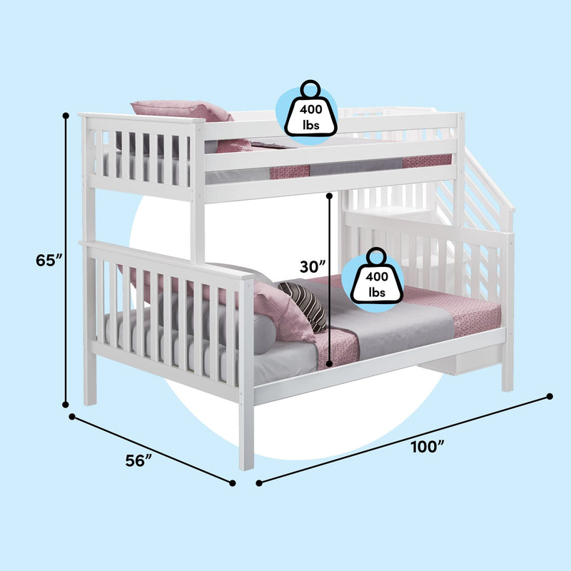 White wooden loft bunk bed with guardrails and built-in stairs, pink bedding, 400 lb weight capacity per bed, product dimensions 65″ H × 56″ W × 100″ L on a blue background