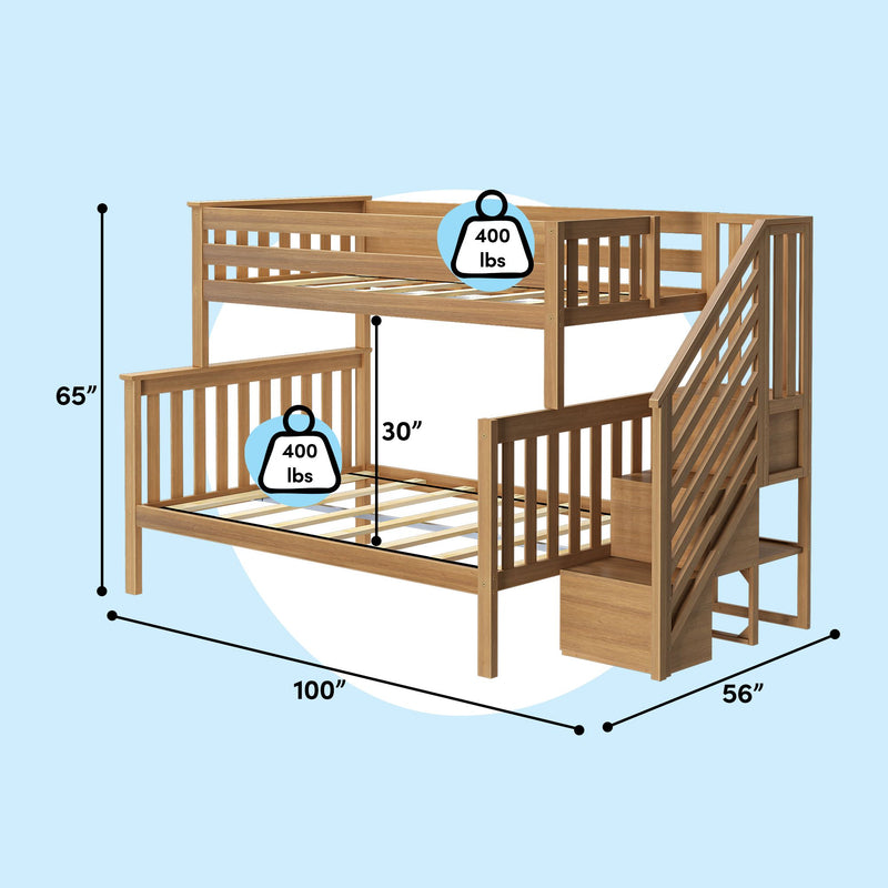 Full-over-full solid wood bunk bed with built-in staircase and under-stair storage, slatted platform and safety guardrails, 400 lb weight capacity per bed, 100" L x 56" W x 65" H