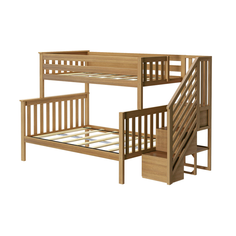 Solid wood loft bunk bed frame with built-in staircase and slatted guardrails in natural finish, space-saving kids' bunk bed