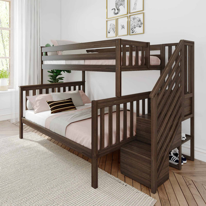 Dark walnut wooden bunk bed with staircase storage, pink bedding and pillows in a modern kids' bedroom with framed animal wall art, rug, potted plant and window