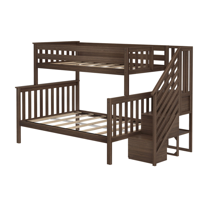 Dark walnut twin-over-full wooden bunk bed with built-in staircase and storage, slatted guardrails and platform slats, space-saving kids bedroom furniture